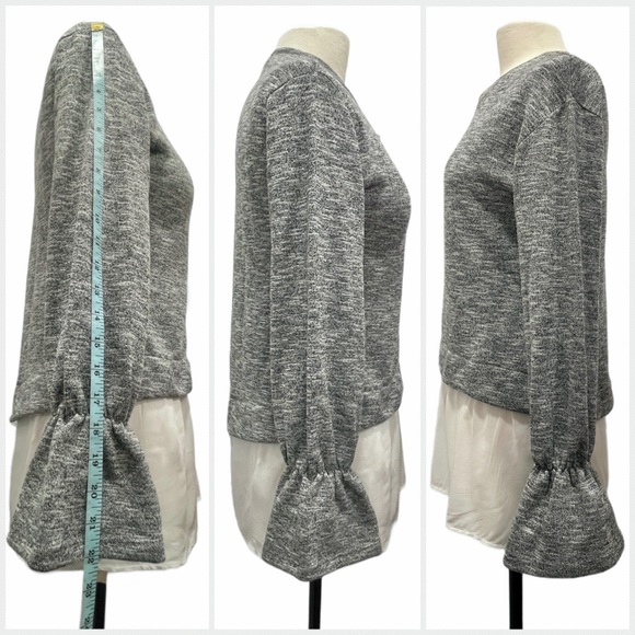 BCBGENERATION Heather Gray & White Mixed Media Long Sleeve Ruffle Cuff Blouse - Picture 7 of 12